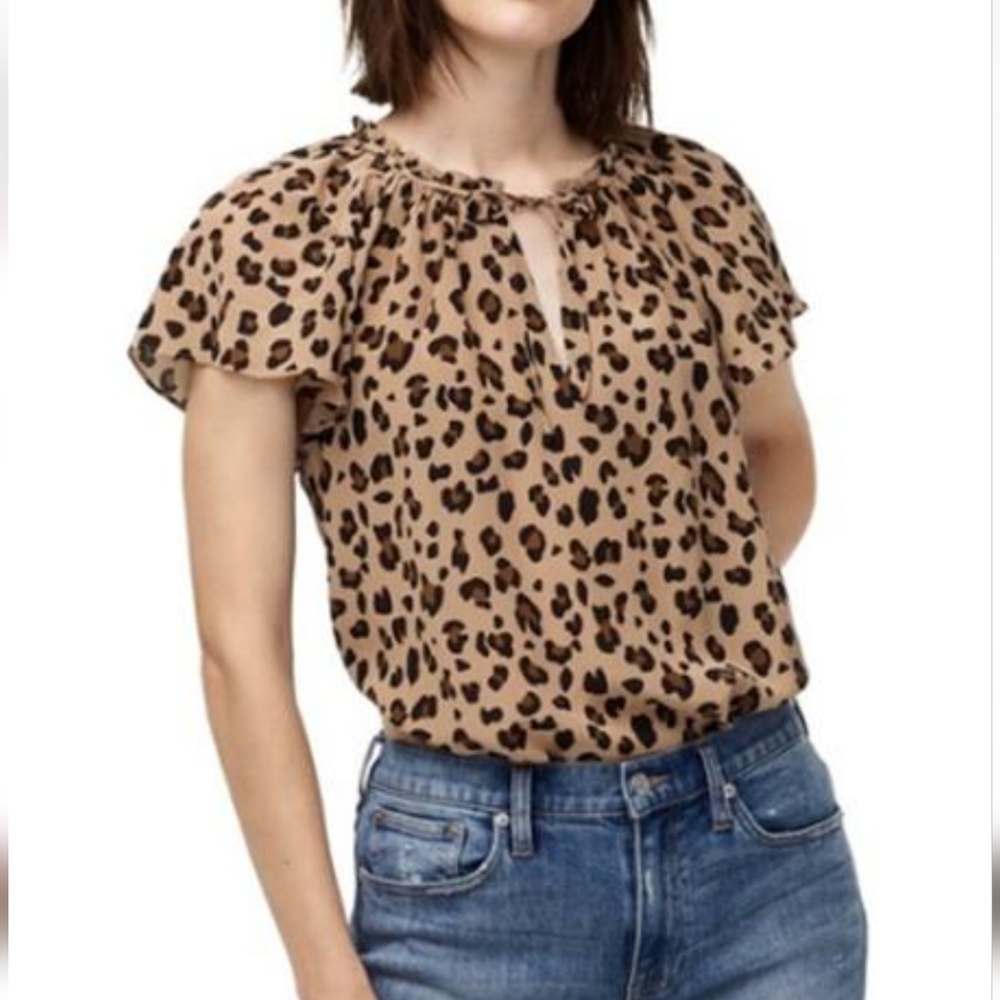 J Crew Leopard Print Silk Flutter Sleeve Top Sz Small NWT